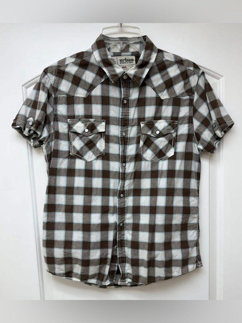 301: Urban Pipeline Brown & White Plaid Short Sleeve Button-Up Shirt - Large
